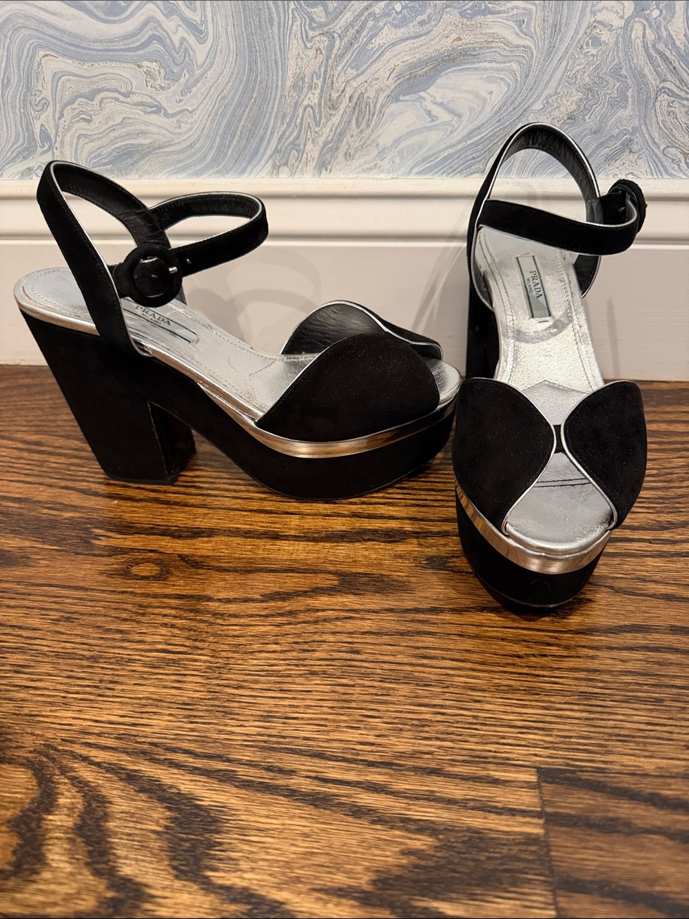 Prada Black Suede Platform Peep-Toe Heels with Silver Trim - Picture 1 of 3